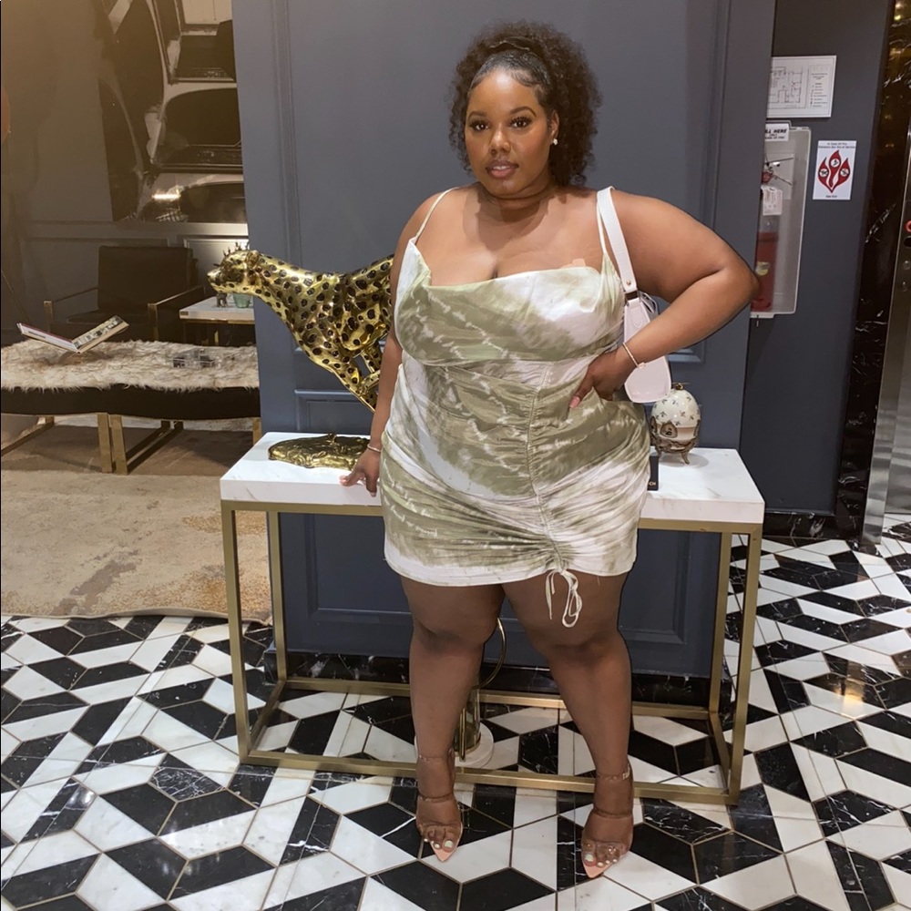 Sage satin ruched dress